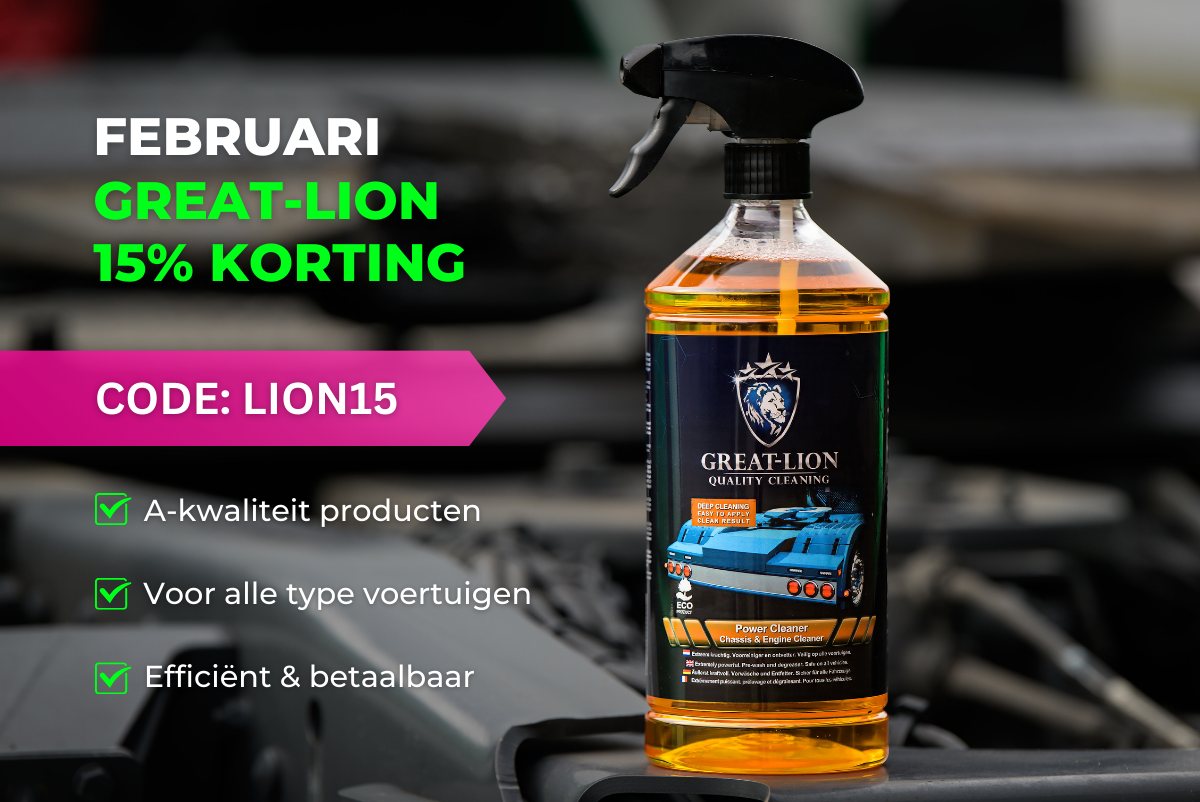 Februari deal: Great-Lion Assortiment nu met 15% korting. Van velgenreiniger tot interieur reiniger en accesoires alles met 15% korting met de code: LION15