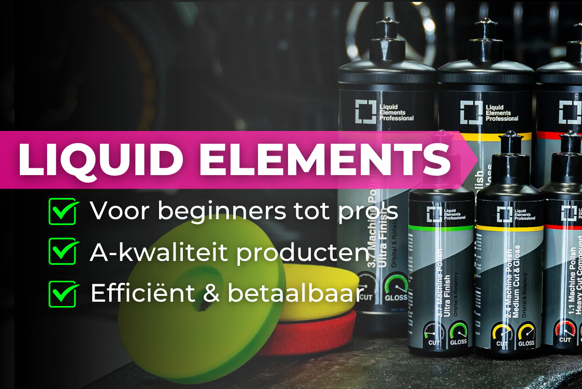 Liquid Elements polijstpads en machines met kleurcodering voor stapsgewijs polijsten, van grove pad tot finishtool.