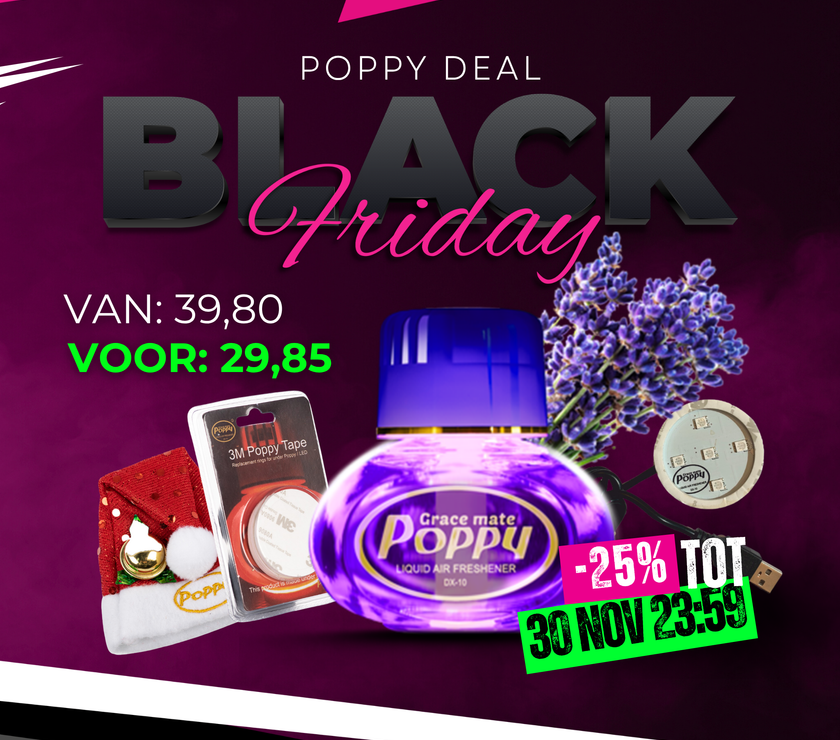 Poppy luchtverfrisser set met LED 12/24V (USB-C), mutsje en 3M tape – VIP DEAL Black Week, perfect cadeau voor chauffeurs