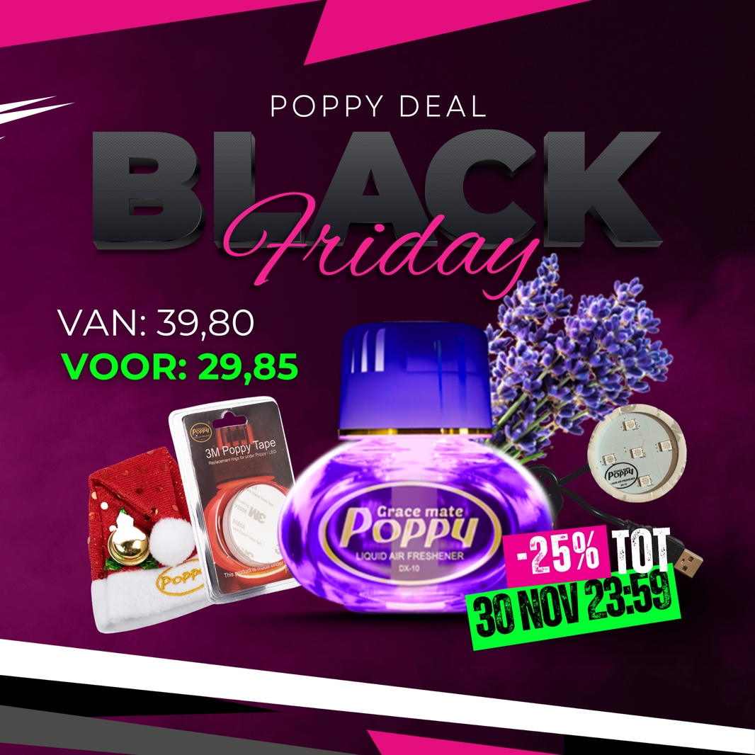 Poppy luchtverfrisser set met LED 12/24V (USB-C), mutsje en 3M tape – VIP DEAL Black Week, perfect cadeau voor chauffeurs