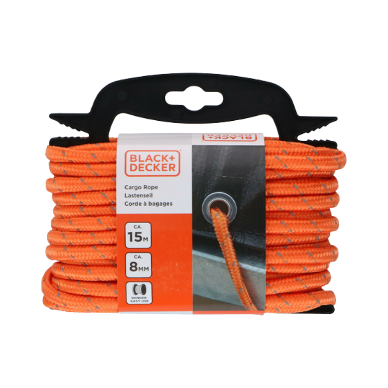 BLACK+DECKER Spanband 15 Meter - Incl. Spanband Oproller - Sjorband - Transport Touw - Elastisch Koord - met Reflecterende Delen - Transportbeheer - Nylon/ Kunststof - Oranje/Zwart