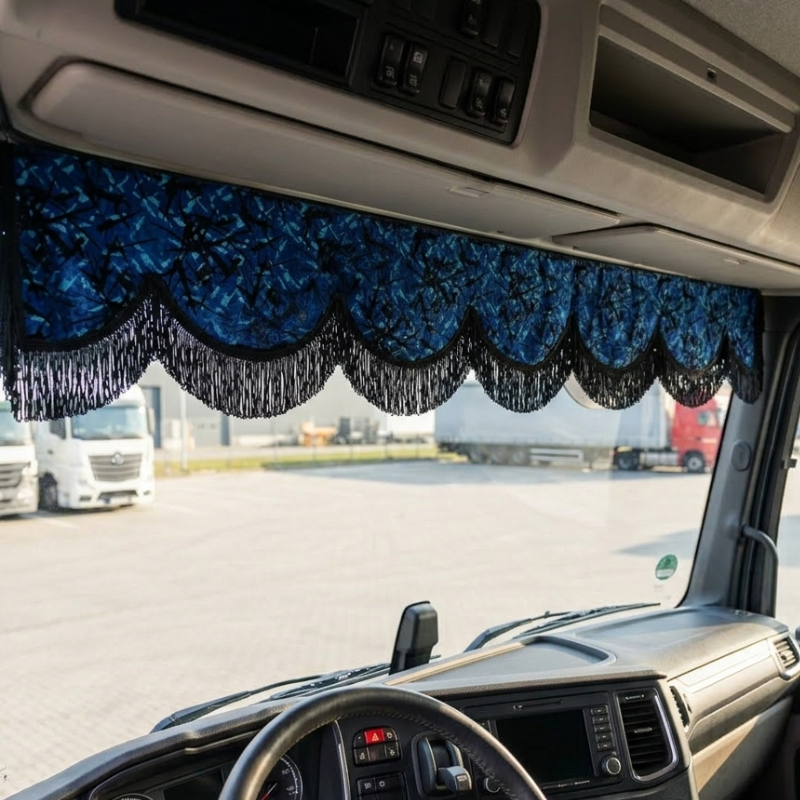 Raamband Deense Pluche Blauw met Zwarte Franjes – 18 cm