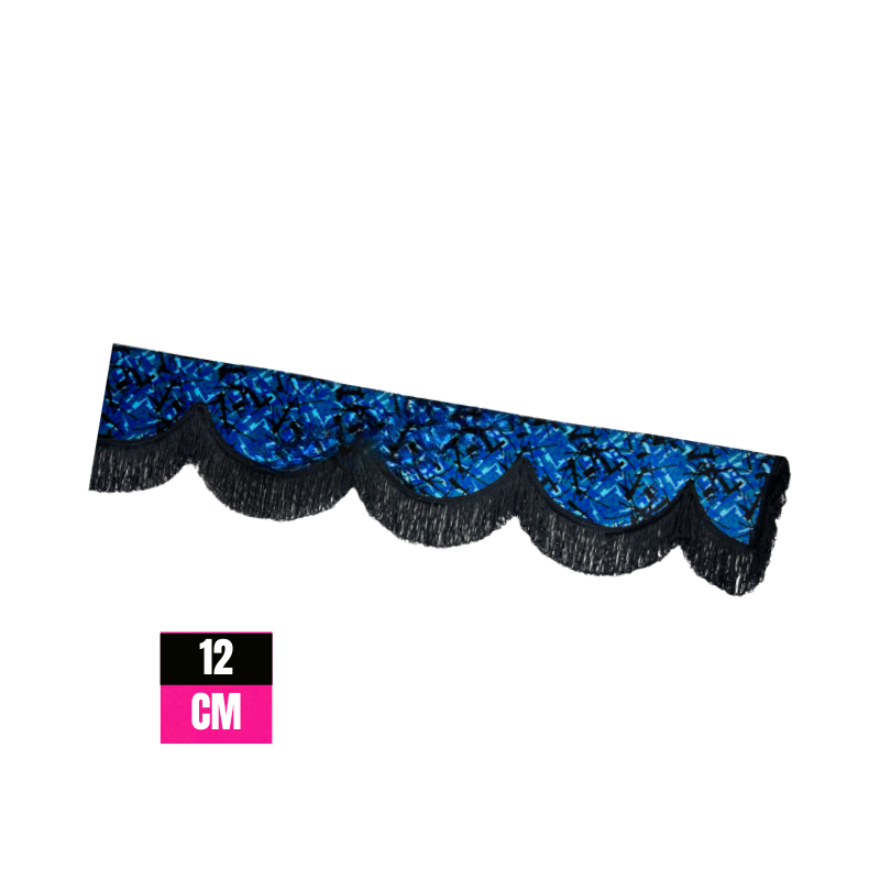 Raamband Deense Pluche Blauw met Zwarte Franjes – 12 cm