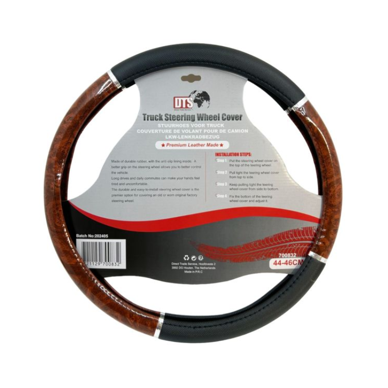 Stuurhoes Vrachtwagen 44–46 cm – Zwart, Wit, Zilver & Hout Look