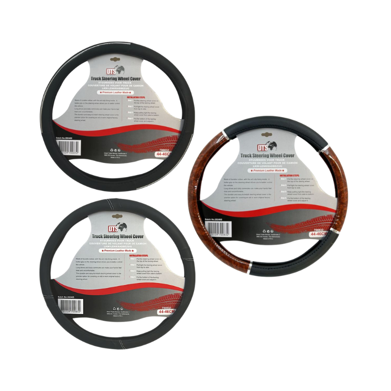 Stuurhoes Vrachtwagen 44–46 cm – Zwart, Wit, Zilver & Hout Look