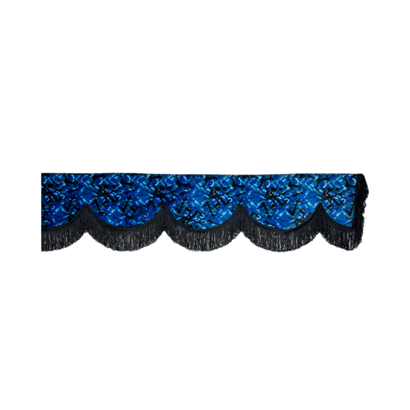 Raamband Deense Pluche Blauw met Zwarte Franjes – 18 cm