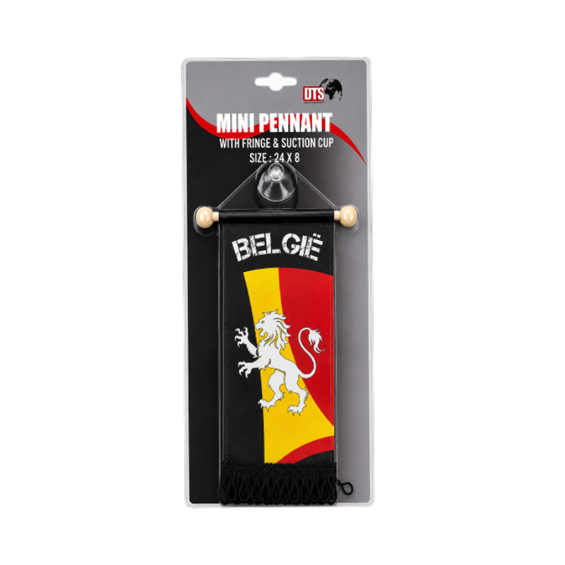Mini vaantje België met zwart-geel-rood design, leeuw, zwarte franjes en zuignap