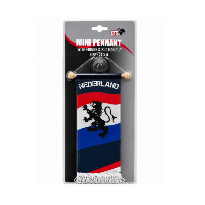 Mini vaantje Nederland met rood-wit-blauw design, leeuw, witte franjes en zuignap