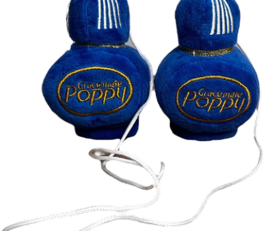 Poppy Grace Mate kleine pluche dobbelsteen met koord Blauw 8 cm