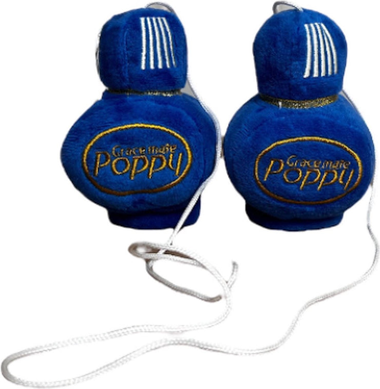 Poppy Grace Mate kleine pluche dobbelsteen met koord Blauw 8 cm