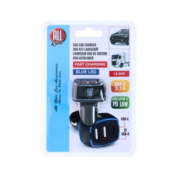 All Ride Autolader – 12/24V Car Charger met 2x USB-A & 1x USB-C Aansluiting