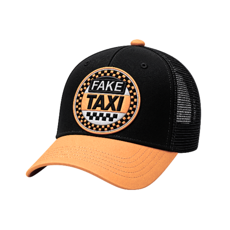 Zwart-oranje Fake Taxi trucker cap met zwarte mesh achterzijde en ronde patch