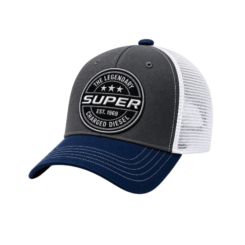 Donkergrijze Super Charged Diesel trucker cap met blauwe klep, witte mesh en ronde patch