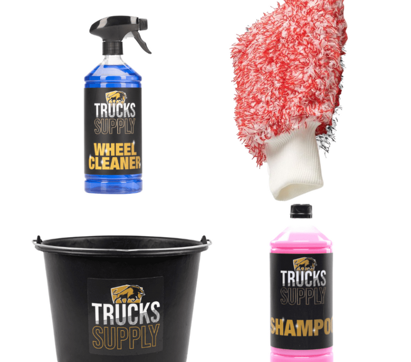 Pakket met TrucksSupply Wheel cleaner, emmer, shampoo en een spons