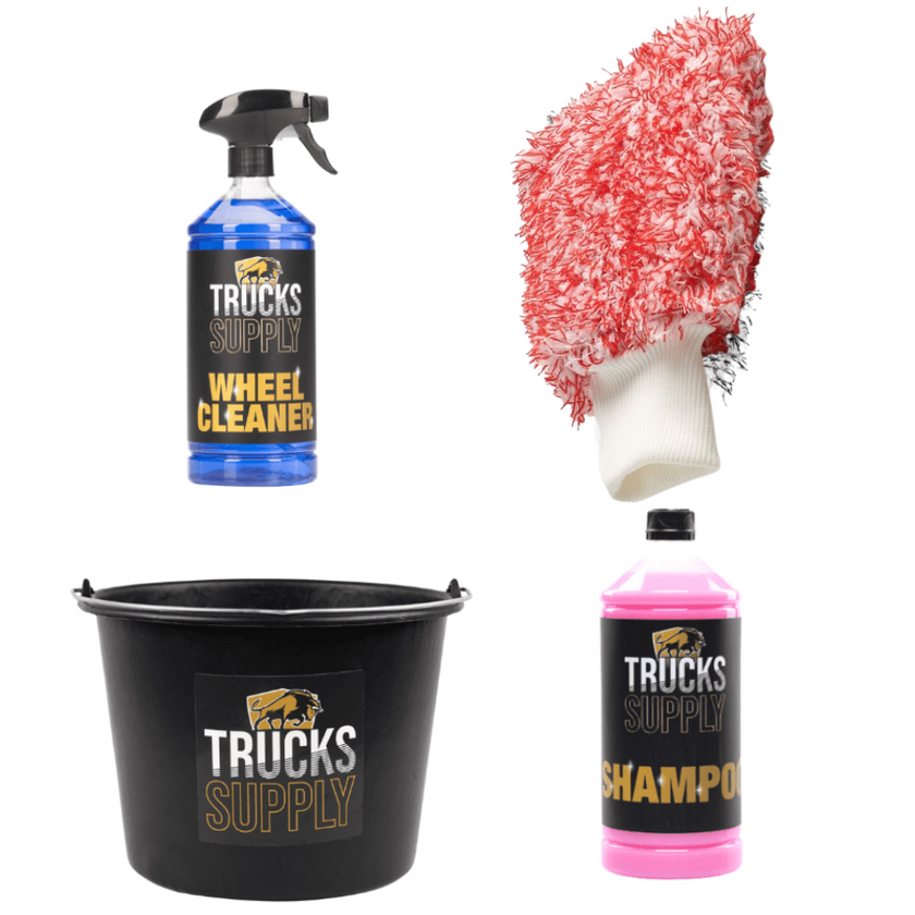 Pakket met TrucksSupply Wheel cleaner, emmer, shampoo en een spons