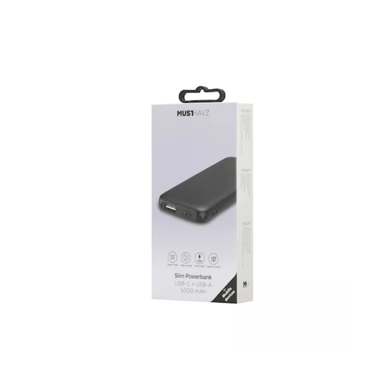 Musthavz Slim 5000 mAh Powerbank Zwart – Compacte Krachtbron voor Onderweg