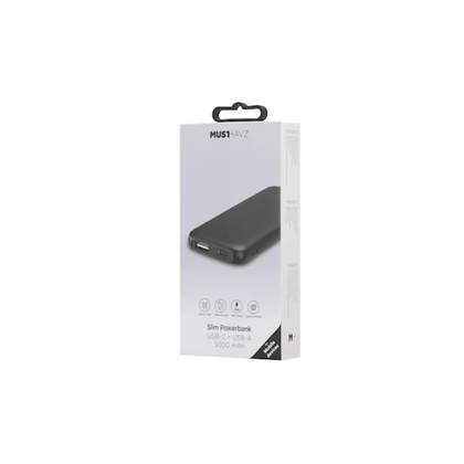 Musthavz Slim 5000 mAh Powerbank Zwart – Compacte Krachtbron voor Onderweg