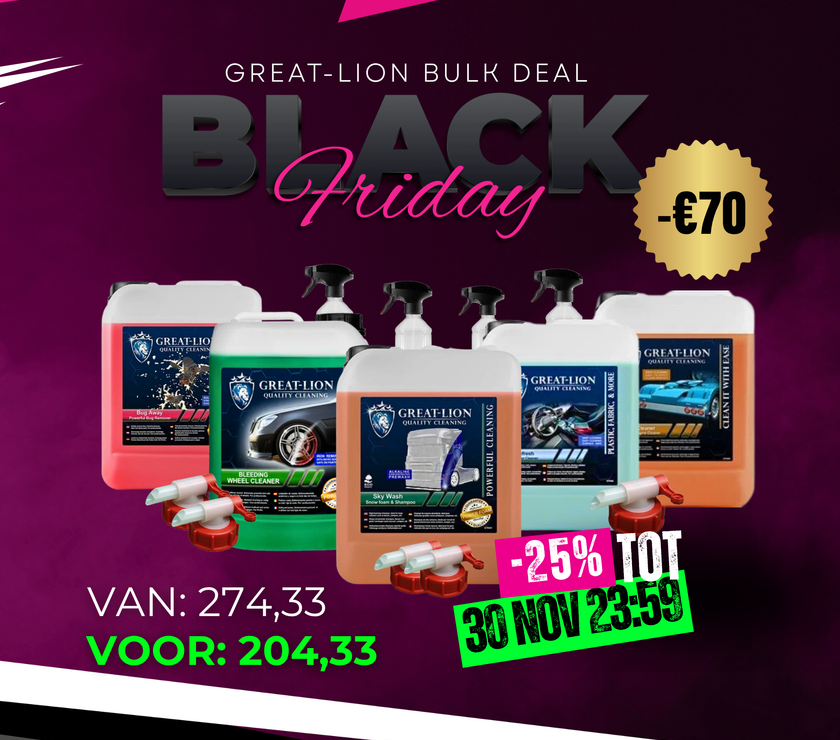 Great-Lion Black Week Bulk Voordeel – set met 5×5L reinigers, DIN51 jerrycan-kraan en transparante sprayfles (VIP DEAL)