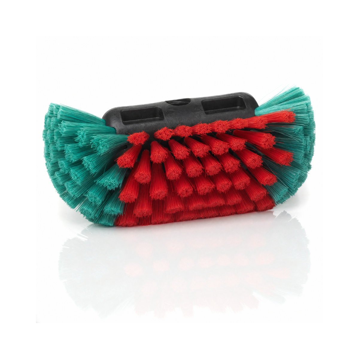 Vikan velgenborstel met zwarte kop, rood-groene zachte vezels en watertoevoer