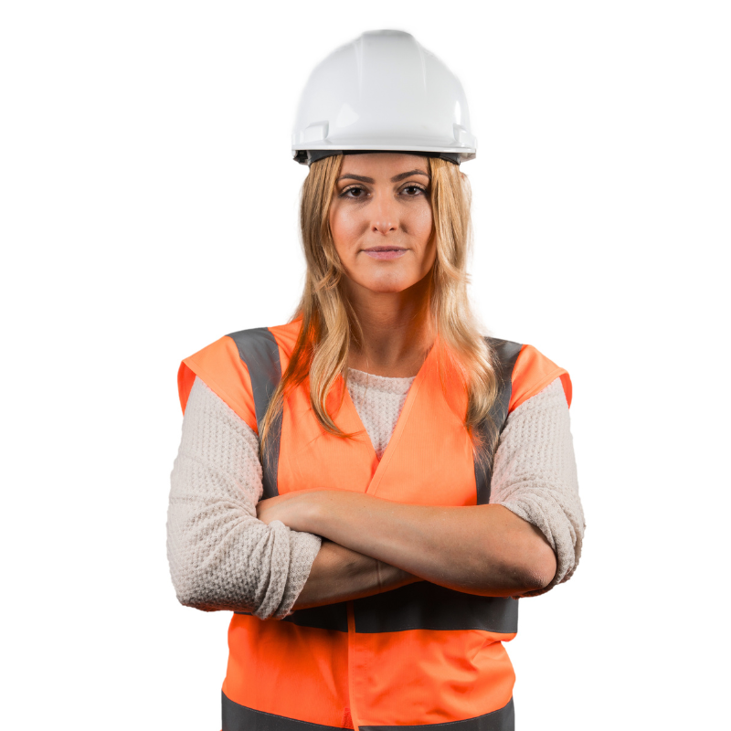 Vrouw met Reflecterend veiligheidshesje oranje met dubbele strepen, universele maat voor maximale zichtbaarheid.