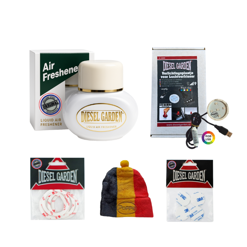 Diesel Garden verlichtingspakket met USB RGB verlichtingsplaat, Diesel Garden stickers, Poppy luchtverfrisser en Poppy mutsje – truck interieur set perfect als trucker cadeau