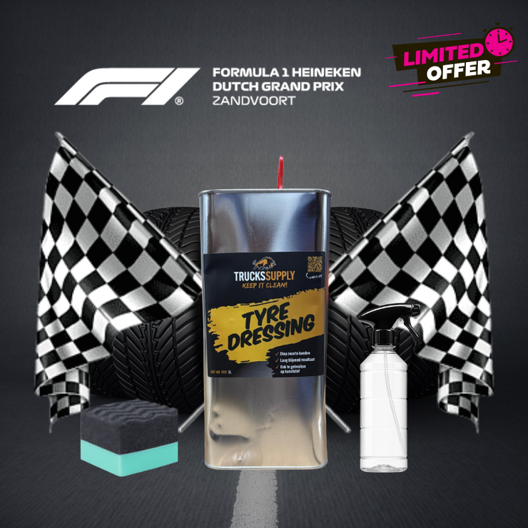 F1 Crash Bandenzwart 5L – Tyre dressing in cosmetisch beschadigd blik, 100% werkend – Zandvoort pitstop actie