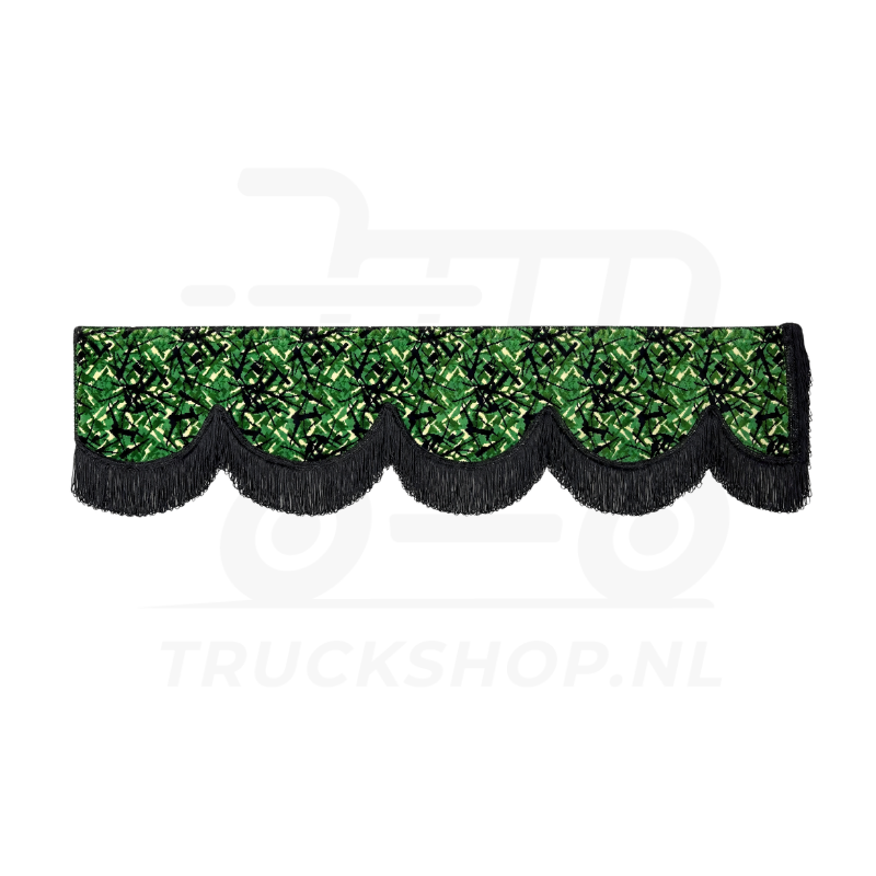 Raamband Deense pluche groen met zwarte franjes en een golvende onderrand.