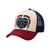 Beige Holland Style Flags trucker cap met rode klep, donkerblauwe mesh en geborduurde badge