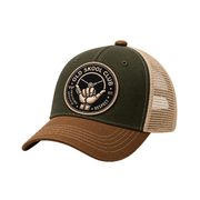 Groen-bruine Old Skool Club trucker cap met beige mesh achterzijde en ronde patch