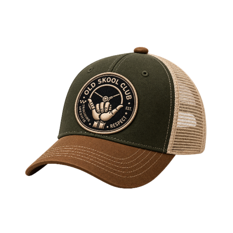 Groen-bruine Old Skool Club trucker cap met beige mesh achterzijde en ronde patch