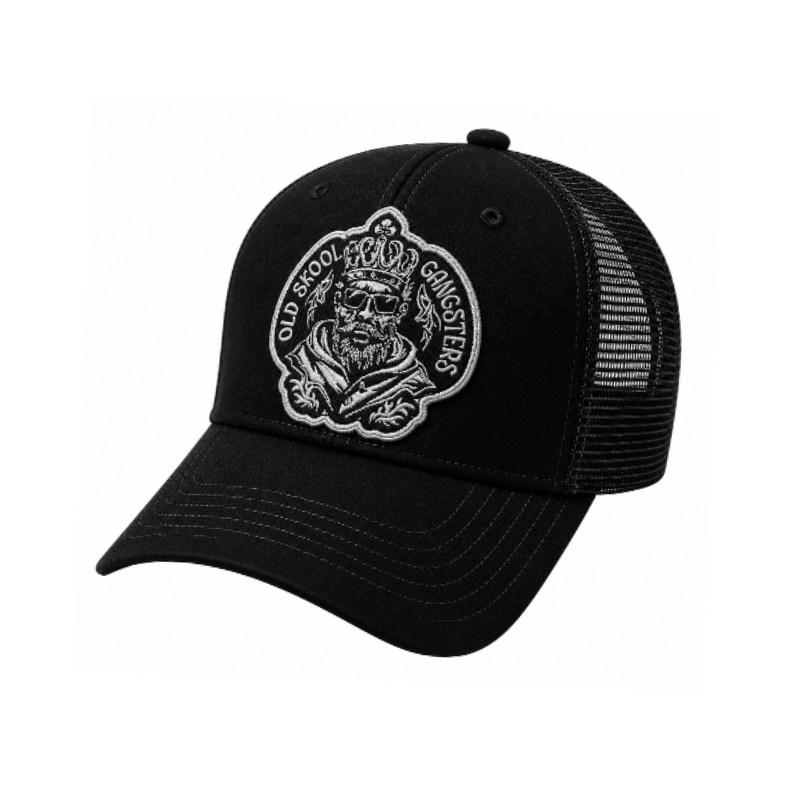 Zwarte Old Skool Gangsters trucker cap met zwarte mesh achterzijde en ronde patch