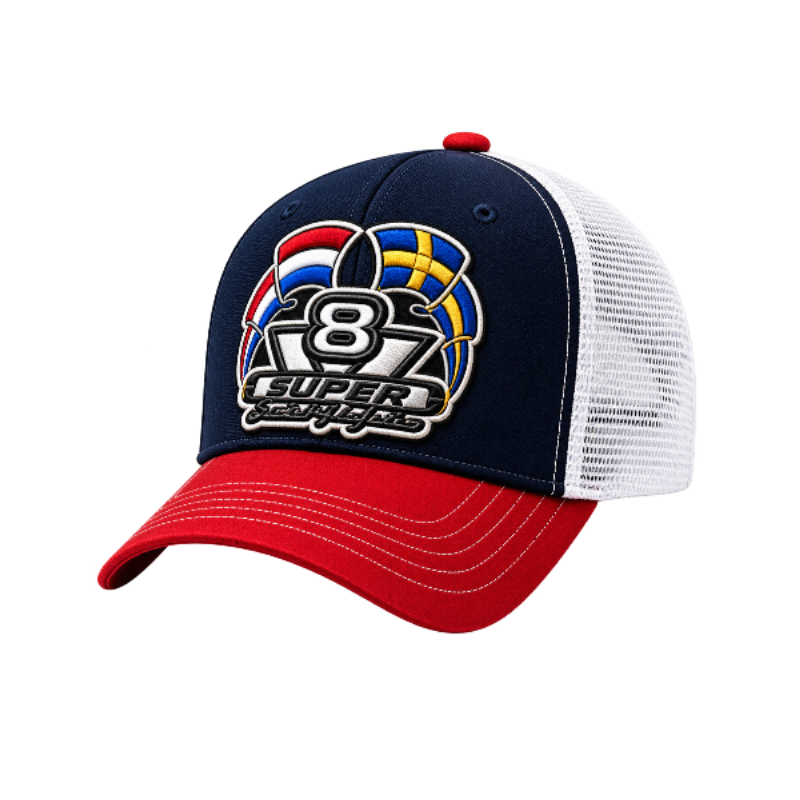 Donkerblauwe Swedish Perfection trucker cap met rode klep, witte mesh en V8 patch